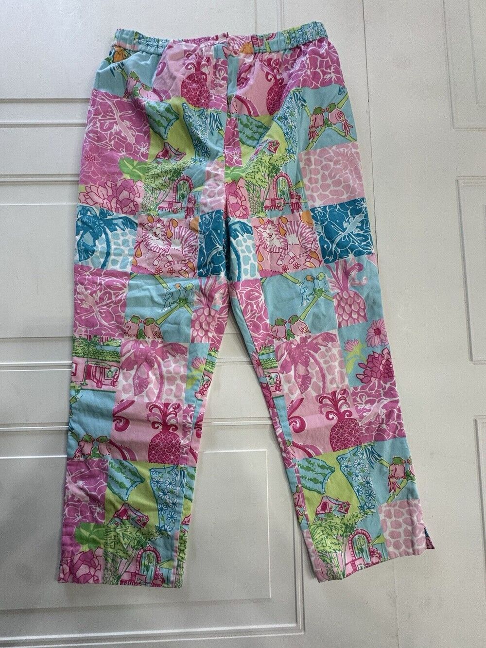 Lilly Pulitzer Womens Sz S Patchwork Colorful Cats Birds Cotton Cropped Pants